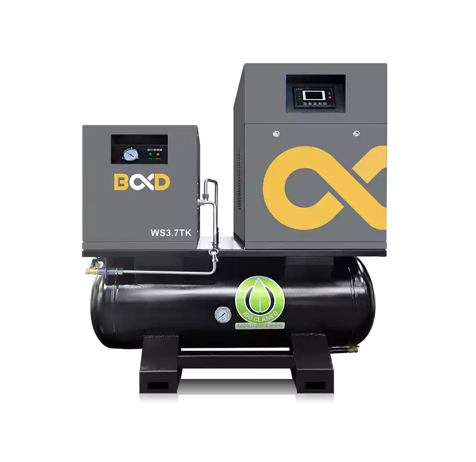 Oil-free scroll air compressor with tank and dryer